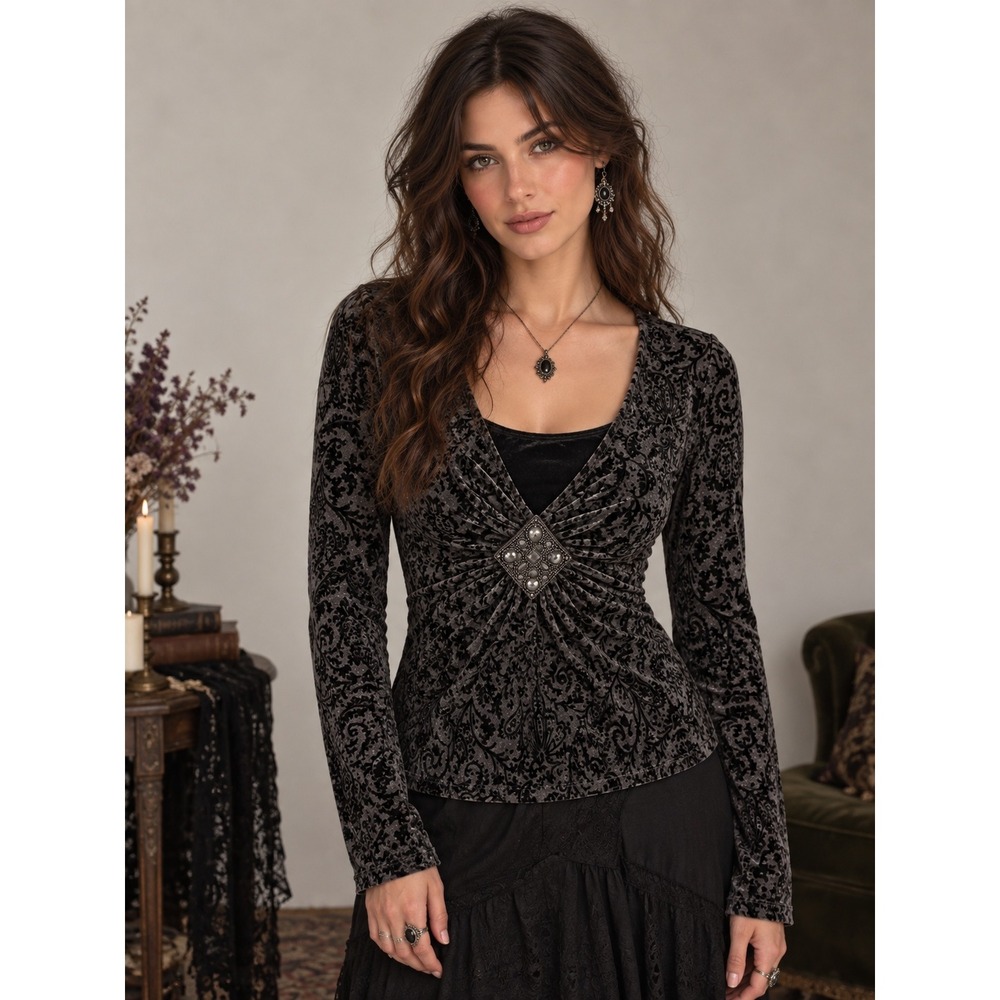 Y2K Goth Witchy Burnout Velvet Paisley Top Large Black Dark Romantic Lined